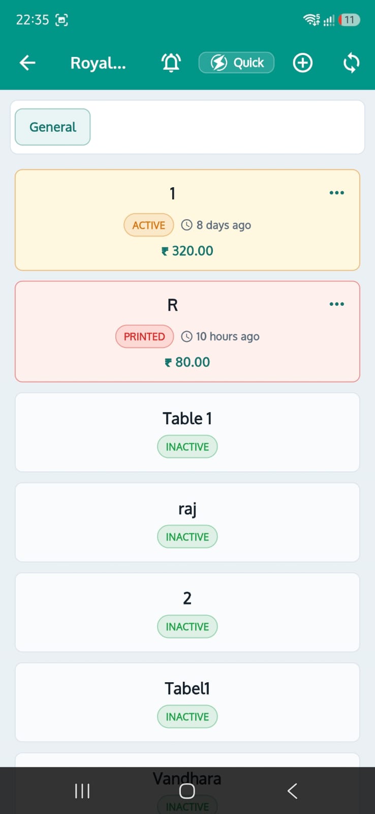 RoyalPOS Captain App for table-wise restaurant orders showing active and printed tables
