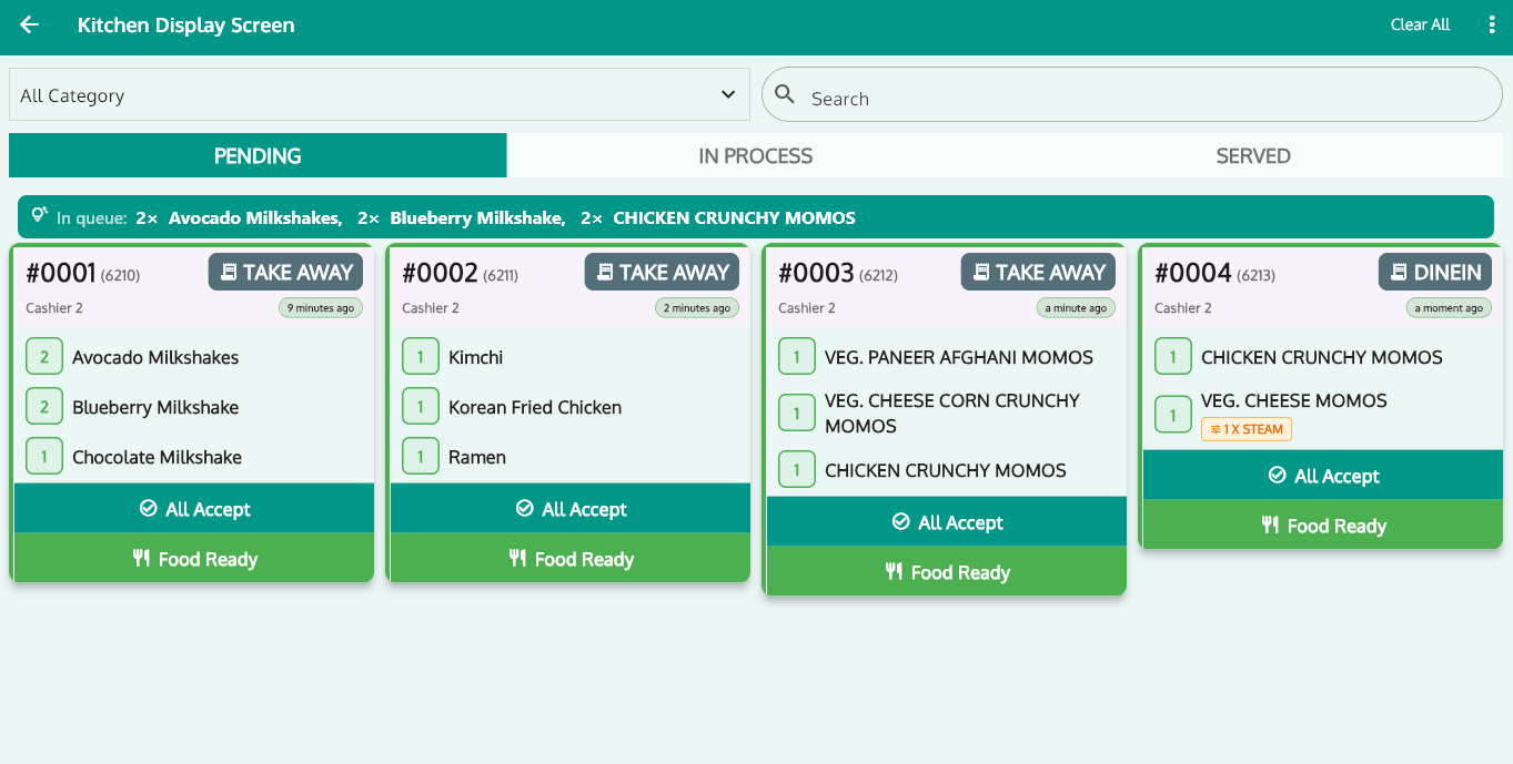 RoyalPOS Kitchen Display System showing live delivery orders on the cloud kitchen cook line