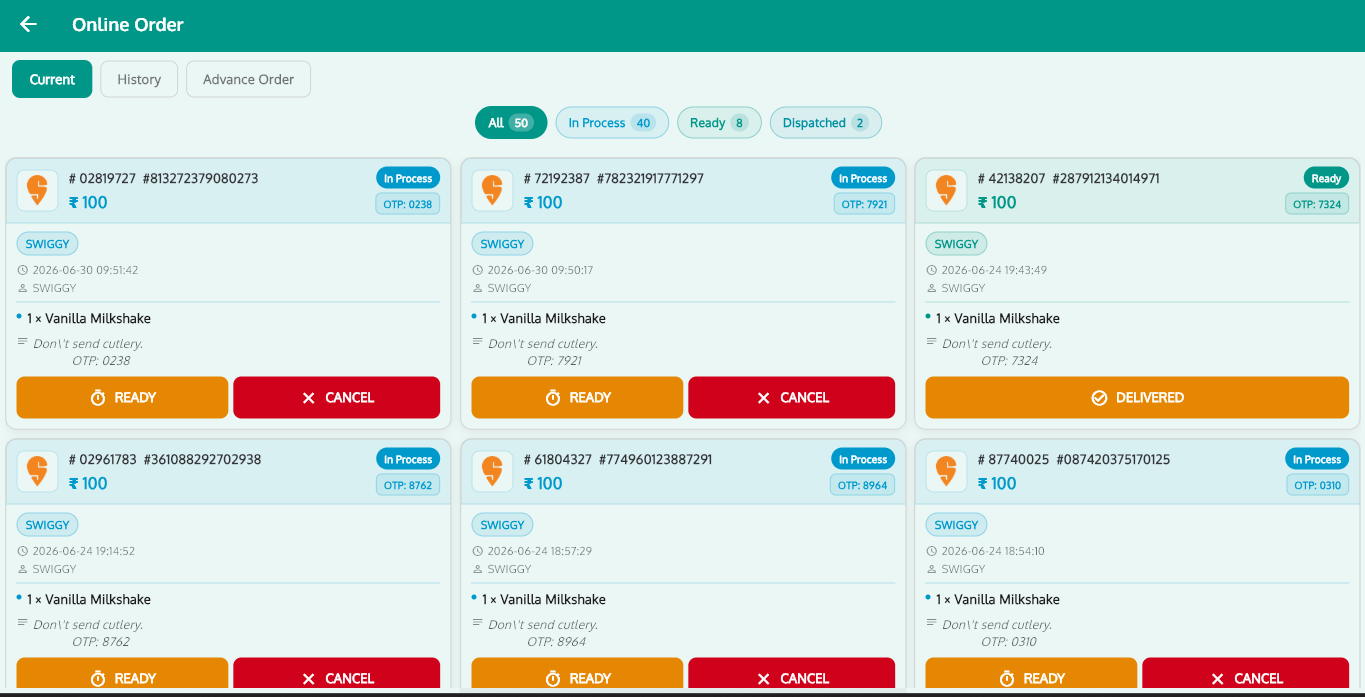 RoyalPOS showing live Swiggy and Zomato online orders inside the POS screen