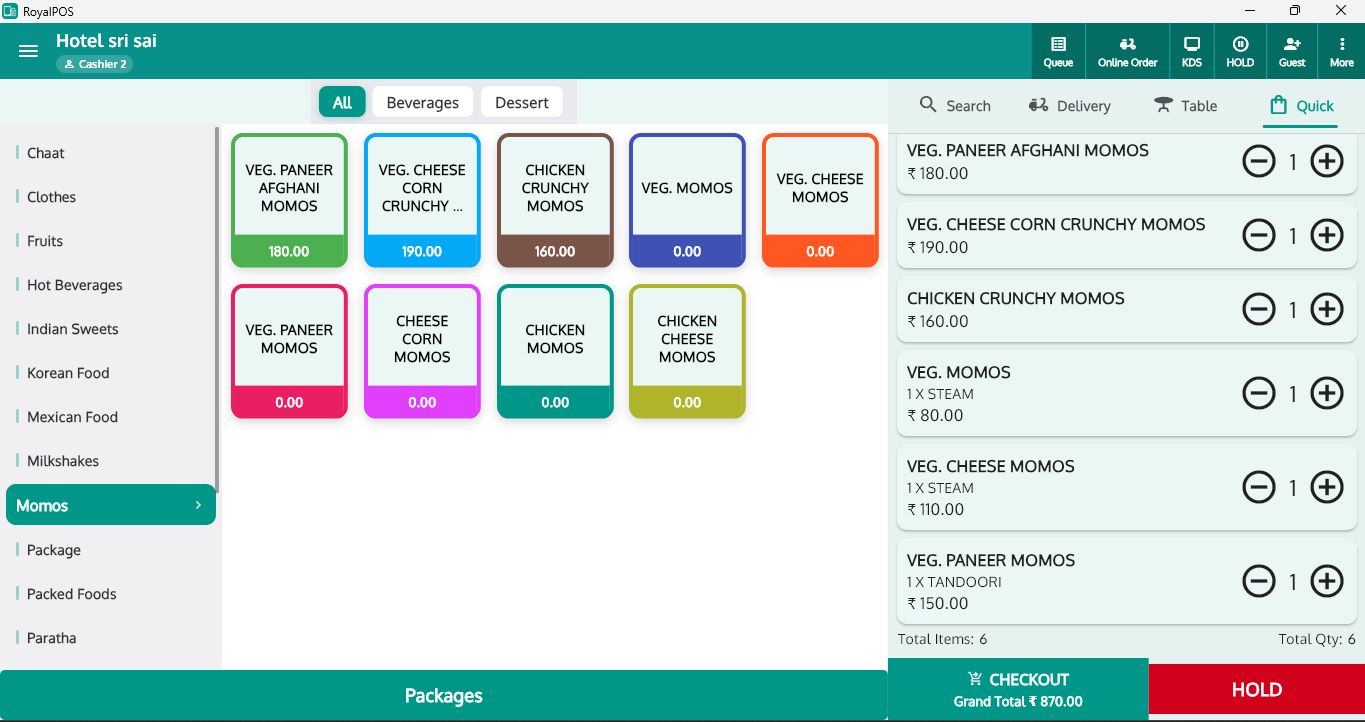 RoyalPOS café POS billing screen on a tablet with fast order punching